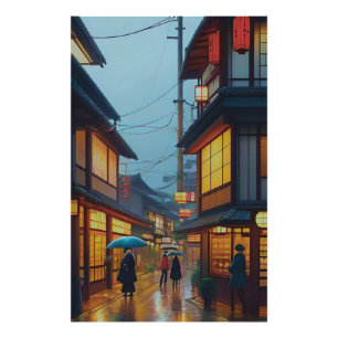 Kleine Japanse regenachtige weg  Foto Afdruk