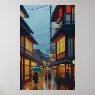 Kleine Japanse regenachtige weg Poster