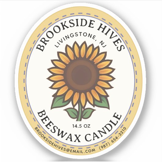 Kleine Jar Ovaal Zonnebloem Bijenwas Kaars Label (Voorkant)