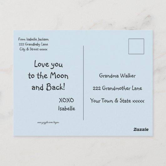 Kleine jongen blauw hart "hou van je oma" briefkaart (Achterkant)