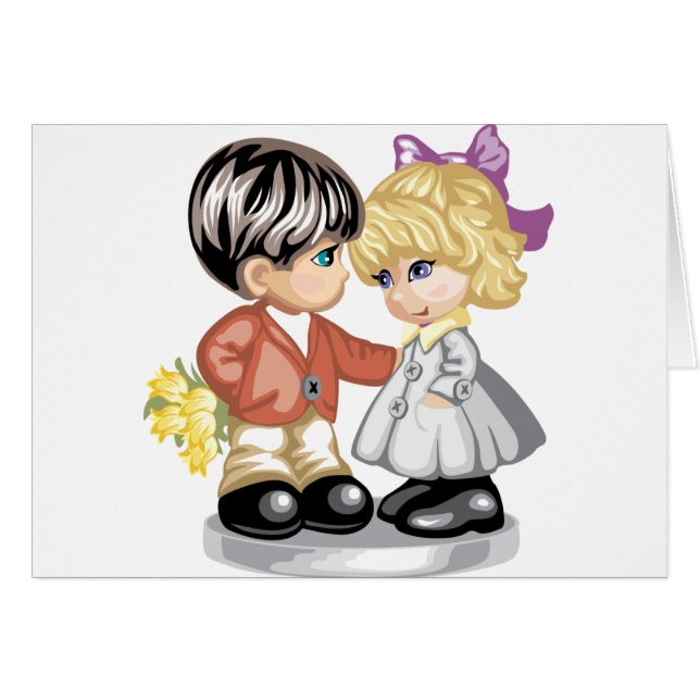 Kleine jongen die een klein meisje bloemen geeft (Voorkant Horizontaal)