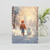 Kleine jongen die met sneeuwpop in winterbos speel feestdagenkaart (Staand voorkant)