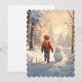 Kleine jongen die met sneeuwpop in winterbos speel feestdagenkaart (Voorkant / Achterkant)