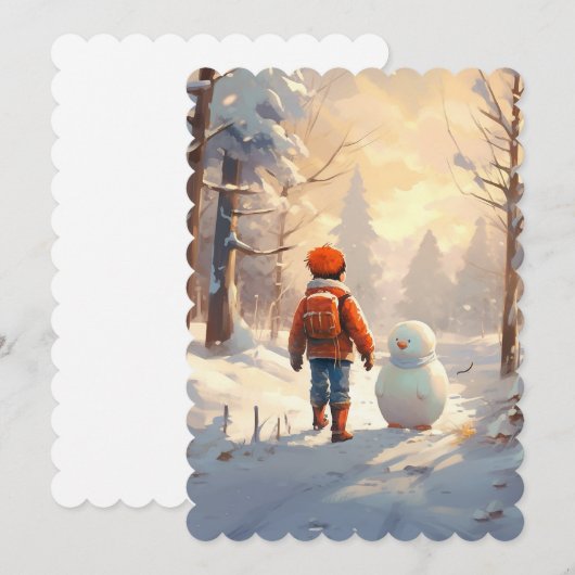 Kleine jongen die met sneeuwpop in winterbos speel feestdagenkaart (Voorkant / Achterkant)