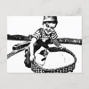 Kleine jongen die speelt met Vintage kunst van de  Briefkaart