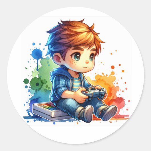 Kleine jongen die videogames speelt ronde sticker (Voorkant)