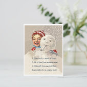 Kleine jongen die zich verschuilt achter een sneeu briefkaart (Staand voorkant)