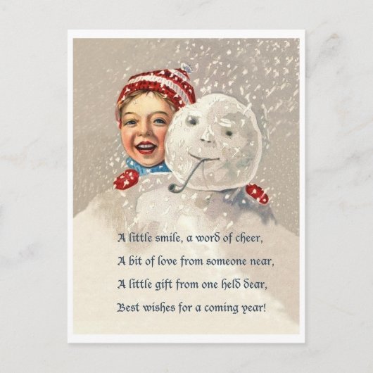 Kleine jongen die zich verschuilt achter een sneeu briefkaart (Voorkant)