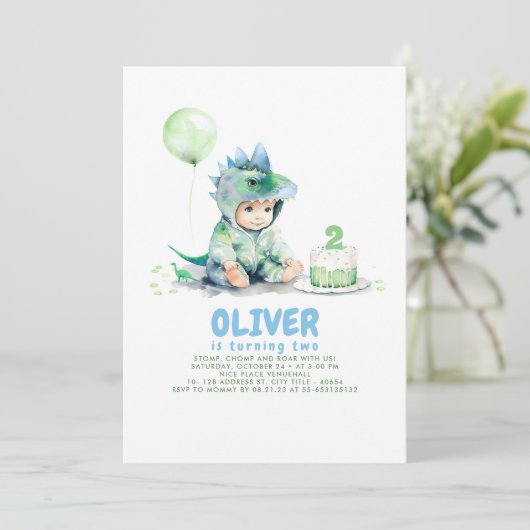 Kleine Jongen Dinosaurus Verjaardagsfeestuitnodigi Kaart (Staand voorkant)