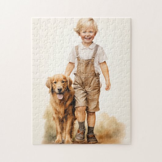Kleine jongen en golden retriever legpuzzel (Verticaal)