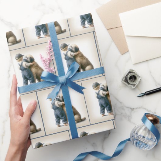 Kleine jongen knuffelen grote hond cadeaupapier (Geschenken)