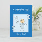 Kleine jongen met naam en hart blauw bedankkaart (Staand voorkant)