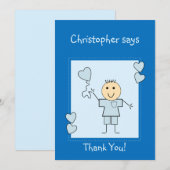 Kleine jongen met naam en hart blauw bedankkaart (Voorkant / Achterkant)
