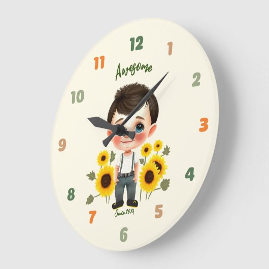 Kleine jongen met zonnebloemen grote klok (Hoek)