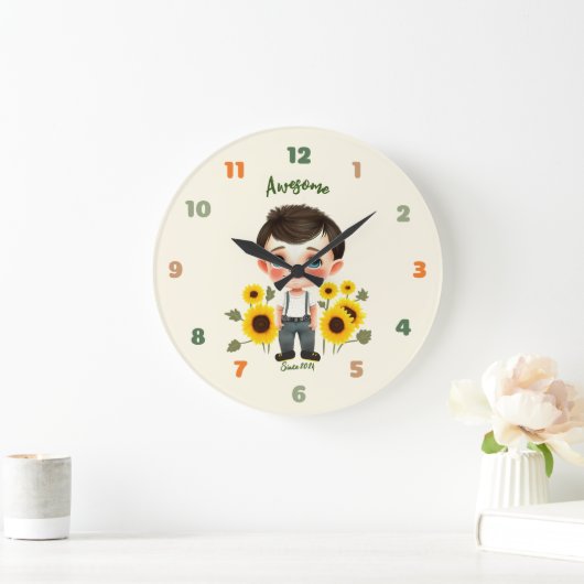 Kleine jongen met zonnebloemen grote klok (Huis)