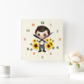 Kleine jongen met zonnebloemen vierkante klok (Huis)