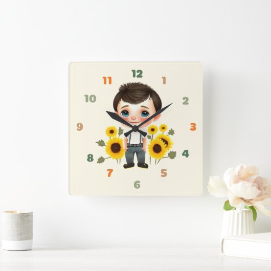 Kleine jongen met zonnebloemen vierkante klok (Huis)