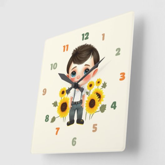 Kleine jongen met zonnebloemen vierkante klok (Hoek)