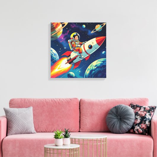 Kleine jongen op een raketschip dat door de ruimte canvas afdruk (Insitu (Woonkamer))