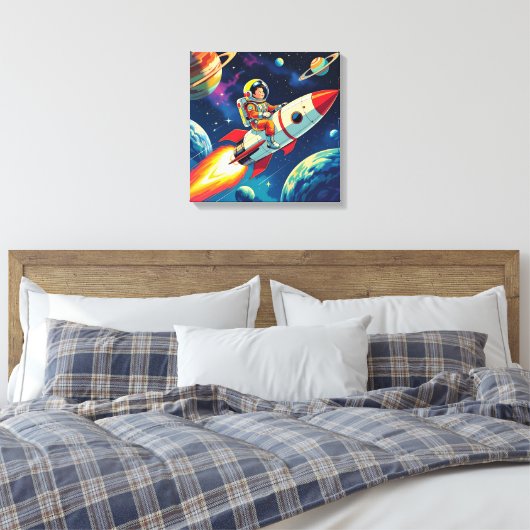 Kleine jongen op een raketschip dat door de ruimte canvas afdruk (Insitu (Slaapkamer))