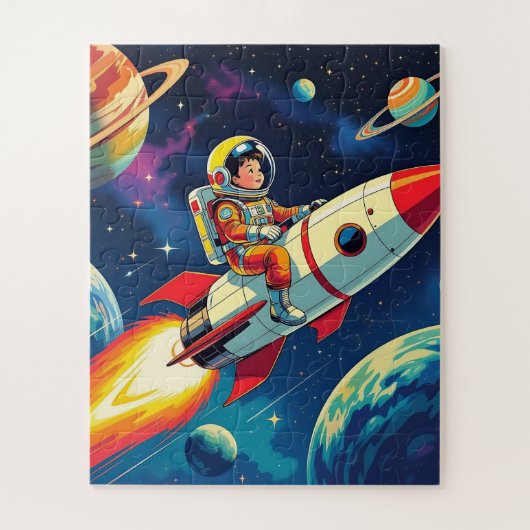 Kleine jongen op een raketschip dat door de ruimte legpuzzel (Verticaal)