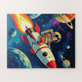 Kleine jongen op een raketschip dat door de ruimte legpuzzel (Horizontaal)