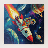 Kleine jongen op een raketschip dat door de ruimte legpuzzel (Horizontaal)