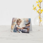 Kleine jongen piano aquarel illustratie blanco  kaart (Gele Bloem)