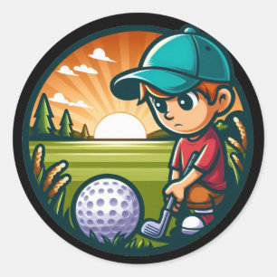 Kleine jongen probeert golfbal te raken ronde sticker