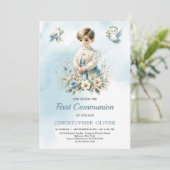 Kleine jongen religieuze blauwe bloemen Eerste Com Kaart (Staand voorkant)
