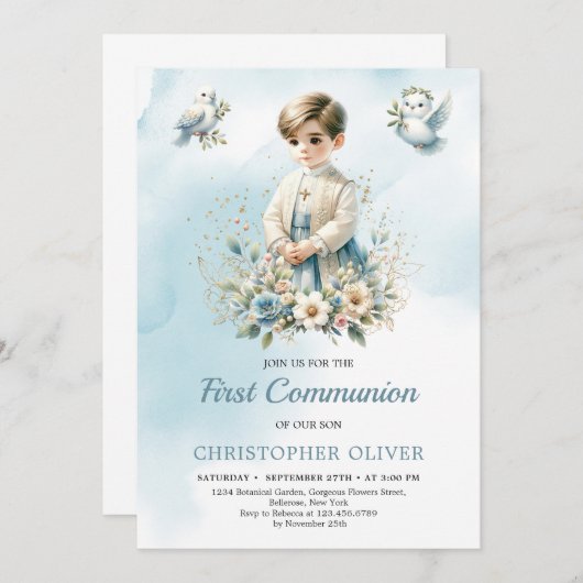 Kleine jongen religieuze blauwe bloemen Eerste Com Kaart (Voorkant / Achterkant)