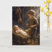 Kleine jongen speelt drum voor Baby in Manger Kaart (Gele Bloem)