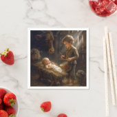 Kleine jongen speelt drum voor Baby in Manger Servet (Insitu)