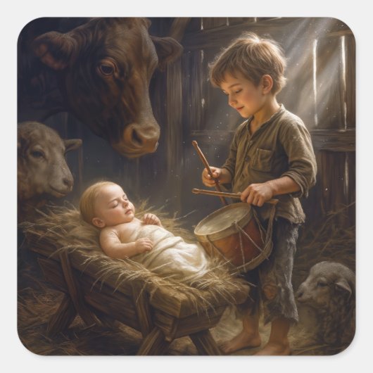 Kleine jongen speelt drum voor Baby in Manger Vierkante Sticker (Voorkant)