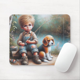Kleine jongen Vist met zijn beagle Muismat