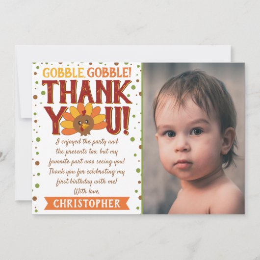 Kleine kalkoen herfst thanksgiving 1e verjaardagsf bedankkaart (Voorkant)