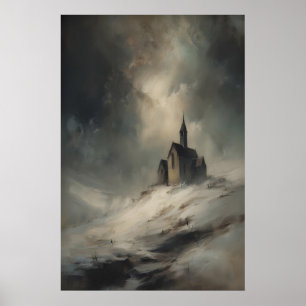 Kleine kapel op besneeuwde heuvel, gotische rustie poster