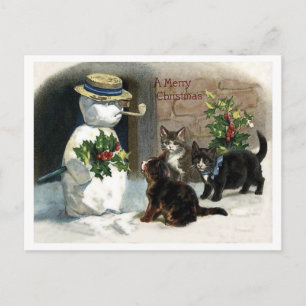 Kleine katten rond de kerstman in de sneeuw, vinta briefkaart