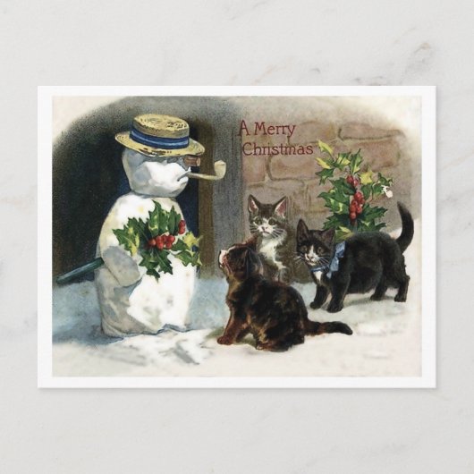 Kleine katten rond kerstsneeuwman,  briefkaart (Voorkant)