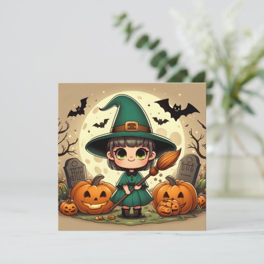 Kleine kawaii heks met Halloweenpompoenen Kaart (Staand voorkant)