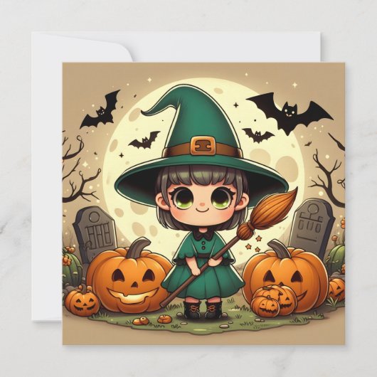 Kleine kawaii heks met Halloweenpompoenen Kaart (Voorkant)