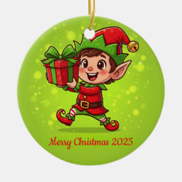Kleine Kerstelf met Geschenk Persoonlijk 2025 Keramisch Ornament