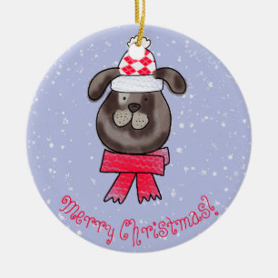 Kleine Kersthond met een gebreide sjaal Keramisch Ornament