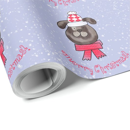 Kleine kersthond met gebreid pet en sjaal cadeaupapier (Rol Hoek)