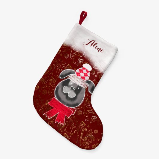 Kleine kersthond met gebreid pet en sjaal kleine kerstsok (Voorkant (Hangend))