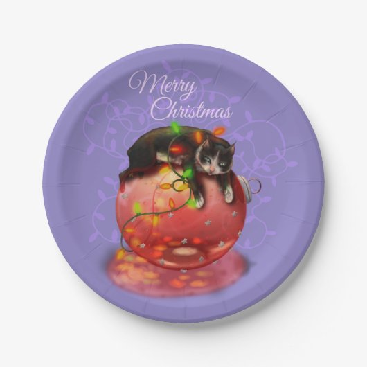 Kleine kerstkat Lights Garland Winter Magic Papieren Bordje (Voorkant)