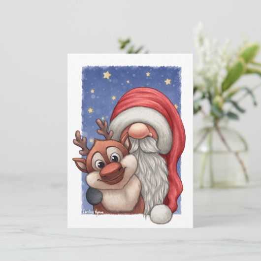 Kleine Kerstman en zijn klein rendier Feestdagenkaart (Staand voorkant)