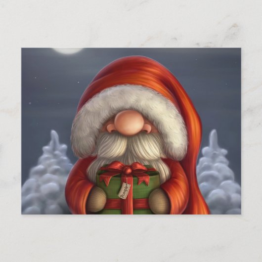 Kleine kerstman met een cadeau feestdagenkaart (Voorkant)