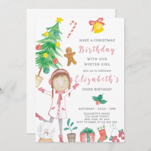 Kleine Kerstmis Meisje Verjaardag Uitnodiging (Voorkant / Achterkant)