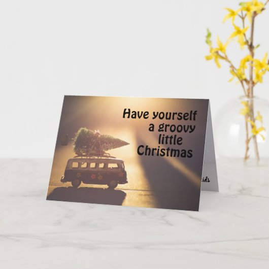 Kleine kerstretro bus, borstelboom kaart (Gele Bloem)